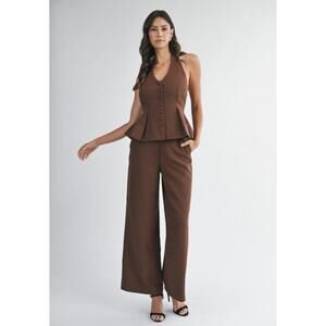 Mable Ana Tailored Vest & Wide Leg Pant Set Brown L Suit NWT